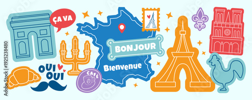 Paris France travel icons collage. Eiffel Tower, Arc de Triomphe, Notre Dame, France map with Bonjour, croissant, Oui Oui text, rooster and fleur de lis illustration