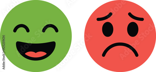 Two expressive faces, one happy and one sad, side by side in contrasting colors