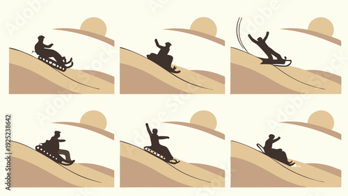 Sledding Accident Sequence Six Stages of Thrilling Winter Recreation Fun and Extreme Sports Risk for Family Vacation Advertising