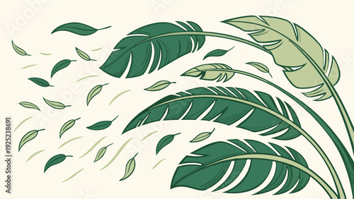 Strong Wind Blowing Tropical Banana Leaves and Flying Debris for Weather Forecast or Nature Disaster Design Element