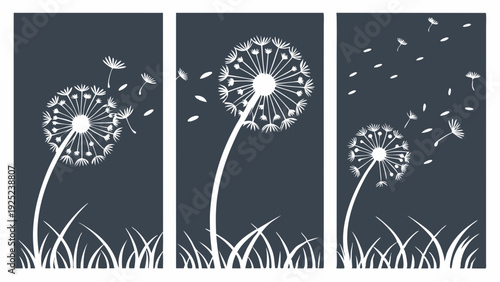 Minimalist Dandelion Seeds Blowing in Wind Triptych Panel Set for Serene Home Decor Wall Art Print