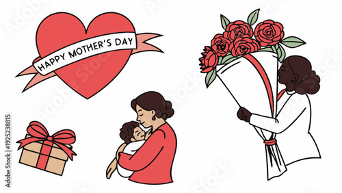 Mother's Day Celebration Icons Set Happy Mom Holding Baby Gift Bouquet for Family Greeting Card Web Design