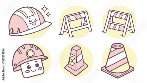 Cute Pink Construction Safety Icons for Road Work Website Design or Child Safety Education Materials