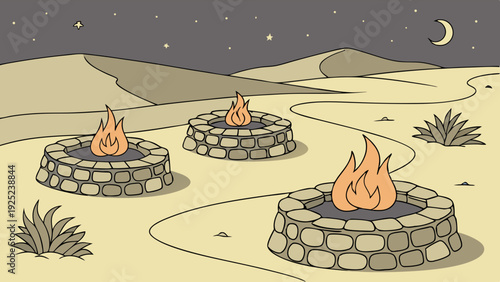 Desert Night Bonfires Guiding Travelers Along Sandy Path for Camping Adventure or Remote Wayfinding Illustration