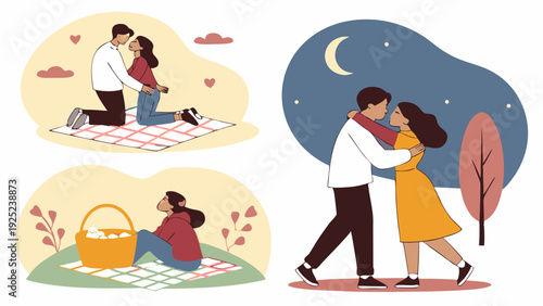 Romantic Couple Picnic Date Day and Night Hugging Illustration for Love Relationship Web Design or Valentine's Day Promotion