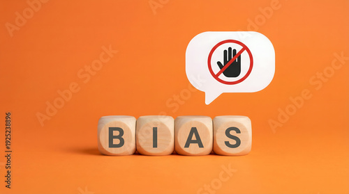 Stop Bias Concept: Wooden Cubes Spell 'Bias' with a No Hand Symbol