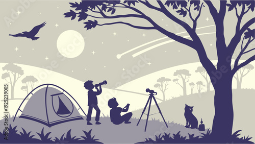 Stargazing Kids Camping Outdoors with Telescope Observing Meteor Shower Night Sky for Astronomy Education and Family Adventure Illustration (169 characters)