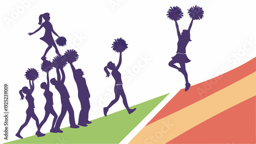 Silhouette Cheerleading Team Stunting and Jumping Upward on Rainbow Slope for Sports Motivation and Teamwork Success
