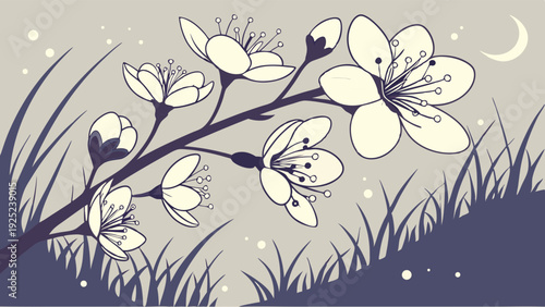 Serene Night Blossom Branch with Moon and Grass for Spring Garden Design Website Banners and Seasonal Greeting Cards