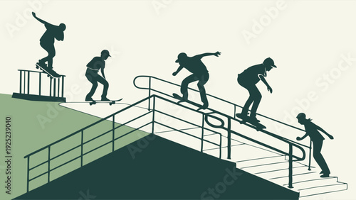 Skateboarder Silhouettes Performing Rail Slides and Grinds Down Stairs for Extreme Sports Web Design or Youth Lifestyle Advertising