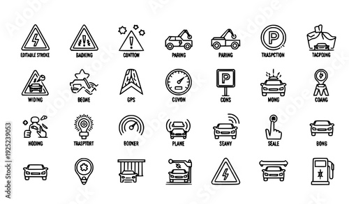 Car and Driving Line Icon Set Editable Stroke Transportation Traffic Vector