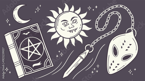 Mystical Occult Symbols Grimoire Dagger Pendant and Mask for Witchcraft Halloween Design Projects