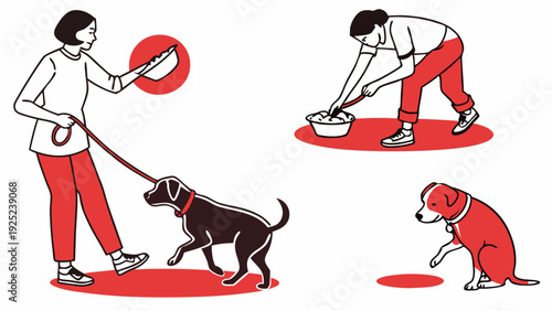 Dog Owner Walking Pet on Leash Cleaning Up Waste Responsible Pet Care Illustration for Veterinary Websites and Community Guides