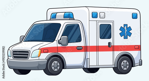 Brightly colored ambulance vehicle with emergency lights on a clean background