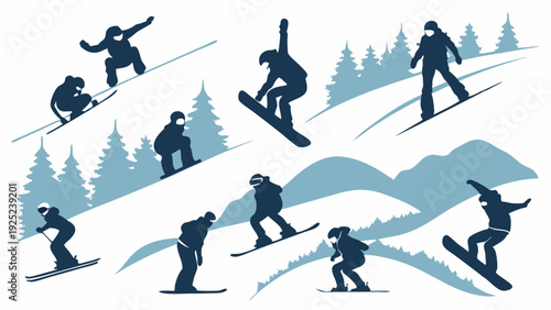 Dynamic Snowboarders and Skiers Silhouettes Winter Sports Action on Snowy Slopes for Holiday Travel Promotion