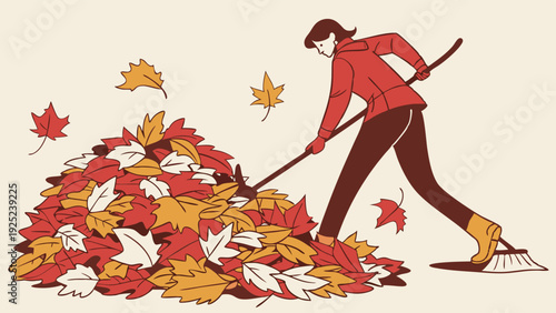 Autumn Yard Work Woman Raking Huge Pile of Colorful Fall Leaves for Seasonal Home Maintenance and Garden Cleanup