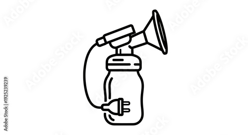 Breast pump line icon with bottle, lactation device illustration, breastfeeding support equipment, newborn feeding tool, maternal care symbol, simple outline design, healthcare and parenting concept