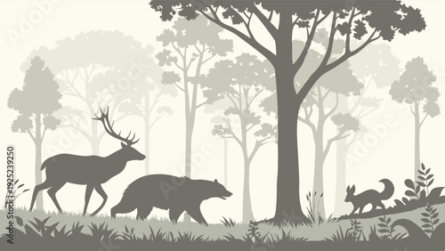 Wild Forest Animals Silhouette Stag Bear Squirrel Walking Through Misty Woodland Landscape for Nature Design