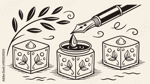 Vintage Fountain Pen Dipping Ink from Jar for Elegant Calligraphy Writing Design Projects and Literary Branding