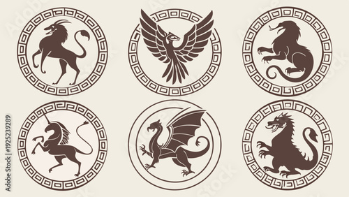 Mythical Creatures Heraldic Crests Set Griffin Unicorn Phoenix Dragon Medieval Emblem Design for Gaming Branding Tattoos