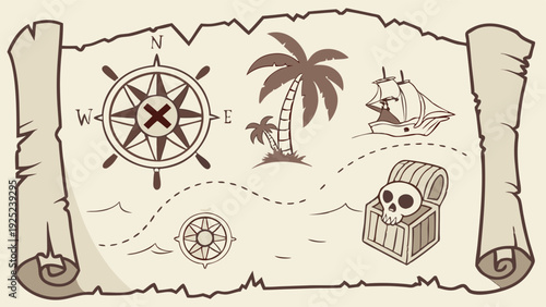 Vintage Pirate Treasure Map with Compass Rose Ship and X Marks the Spot for Adventure Game Design or Vacation Planning