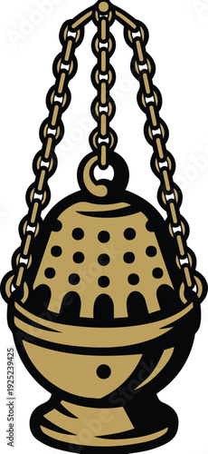 Ornate Golden Thurible Incense Burner Hanging from Three Chains