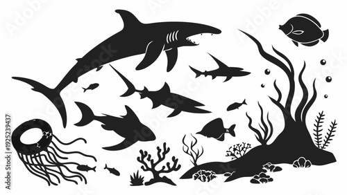 Shark Jellyfish Coral Reef Silhouette Set for Ocean Ecology Education Wildlife Design Projects