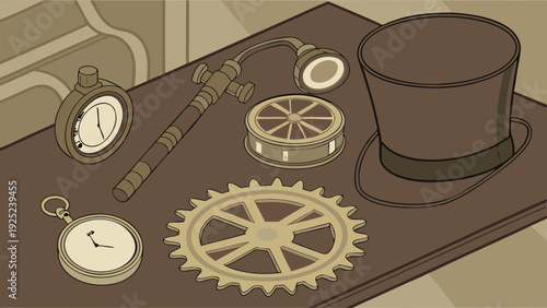 Steampunk Inventor Objects on Desk Vintage Gear Top Hat for Mystery Game Design or Victorian Themed Project