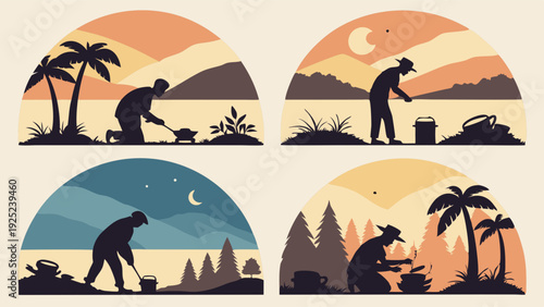 Four Seasons Silhouette of Person Cooking Outdoors Day and Night for Travel Camping Adventure Illustration