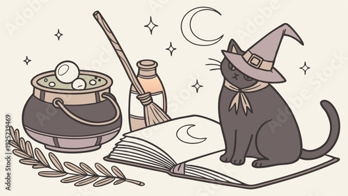 Witch Cat with Spell Book Cauldron Broom for Halloween Autumn Holiday Occult Magic Design Element