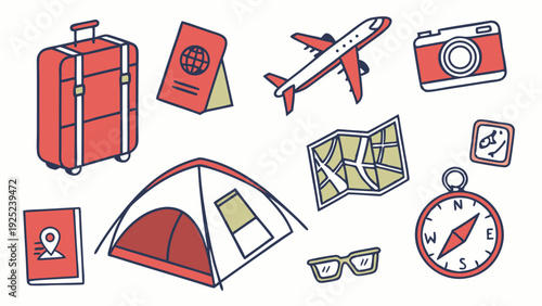 Travel and Adventure Gear Icons Set for Vacation Planning Website Design Summer Holiday Tourism Promotion