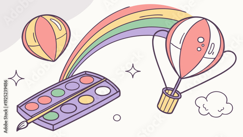 Whimsical Watercolor Painting Supplies Rainbow Hot Air Balloon Fun for Kids Craft Projects and Joyful Creative Design