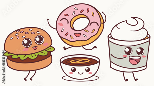 Cute Kawaii Fast Food Characters Burger Donut Coffee Milkshake Joyful Food Icons for Cafe Menu Design