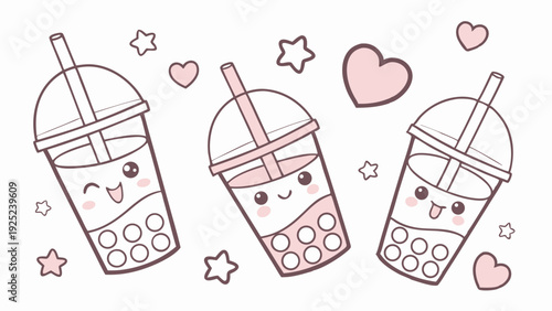 Cute Kawaii Boba Tea Drinks Happy Characters for Cafe Menu Design or Sweet Dessert Promotion