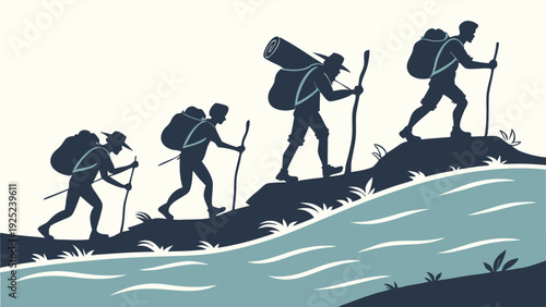 Silhouette Hikers Ascend Steep Riverbank Showing Progress Growth Journey and Perseverance for Outdoor Adventure Web Design