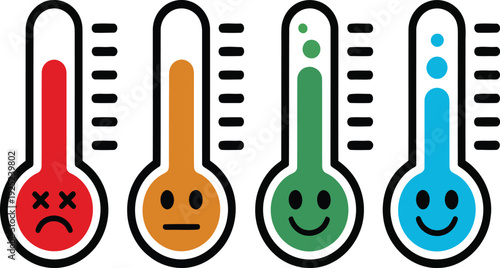 Four thermometers with faces showing different temperatures and emotions