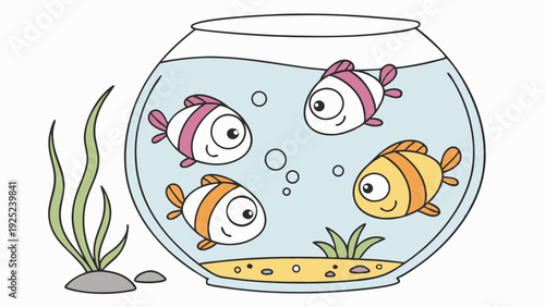 Four Cute Cartoon Fish Swimming in Glass Fishbowl with Water Plants for Children Education and Pet Store Web Design