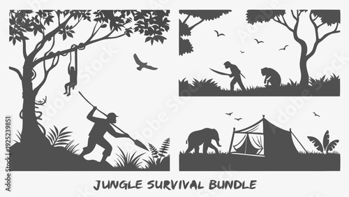 Jungle Survival Silhouettes: Adventurer Hunting, Monkey Swinging, Camping Tent with Elephant for Travel Adventure Web Design and Illustration