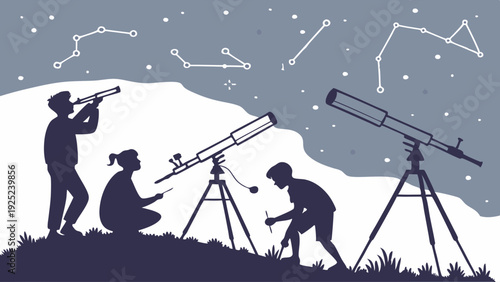 Children Stargazing with Telescopes on Hilltop Observing Constellations for Science Education and Astronomy Hobby Fun