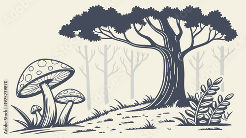 Enchanted Forest Scene with Giant Mushrooms and Ancient Tree for Fantasy Book Covers and Nature Web Design Backgrounds