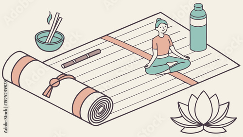 Woman Meditating on Yoga Mat with Water Bottle and Lotus Flower for Wellness Blog Design