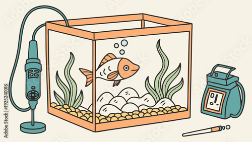 Aquarium Maintenance Illustration Fish Tank Heater Water Test Kit for Pet Store Website Design or Hobbyist Blog Graphic