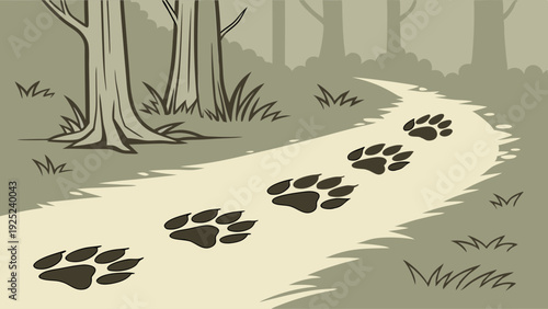 Bear Paw Prints Trail Winding Through Forest Path for Wildlife Adventure Travel and Nature Documentary Backgrounds