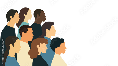 Group of people, team of diverse men and woman standing side by side. Team, colleagues,business people,  community, people together concept. Colorful illustration for banner, article, website. 
