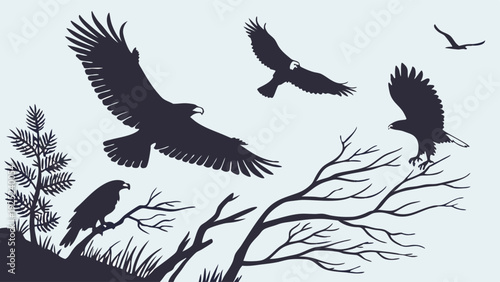 Majestic Eagle Silhouette Soaring Above Barren Branches for Wildlife Design Nature Conservation Projects