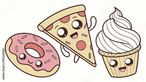 Kawaii Cute Food Characters Donut Pizza Cupcake Fun Vector Illustration for Kids Party Design and Sweet Treat Branding