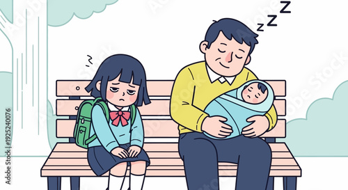 Worried schoolgirl with backpack sits next to father holding sleeping baby outdoors