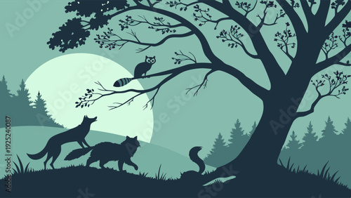 Mysterious Forest Night Scene Silhouette with Wolves Raccoon and Snake Under Large Moon for Wildlife Blog or Nature App Design