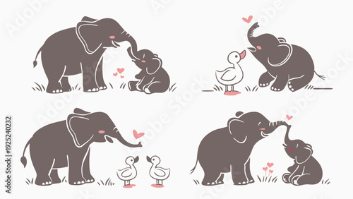 Adorable Elephant Family and Duckling Love Cute Animal Illustrations for Nursery Decor Greeting Cards or Children's Book Design
