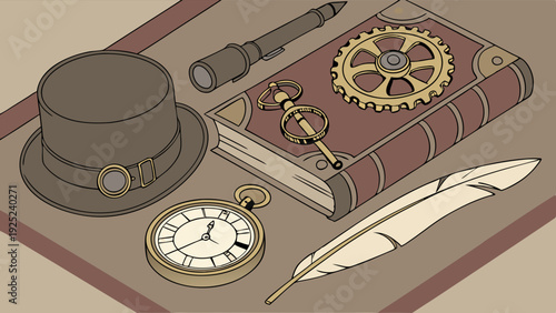 Steampunk Inventor Desk Flat Lay with Top Hat Watch Telescope and Antique Book for Adventure Design Projects